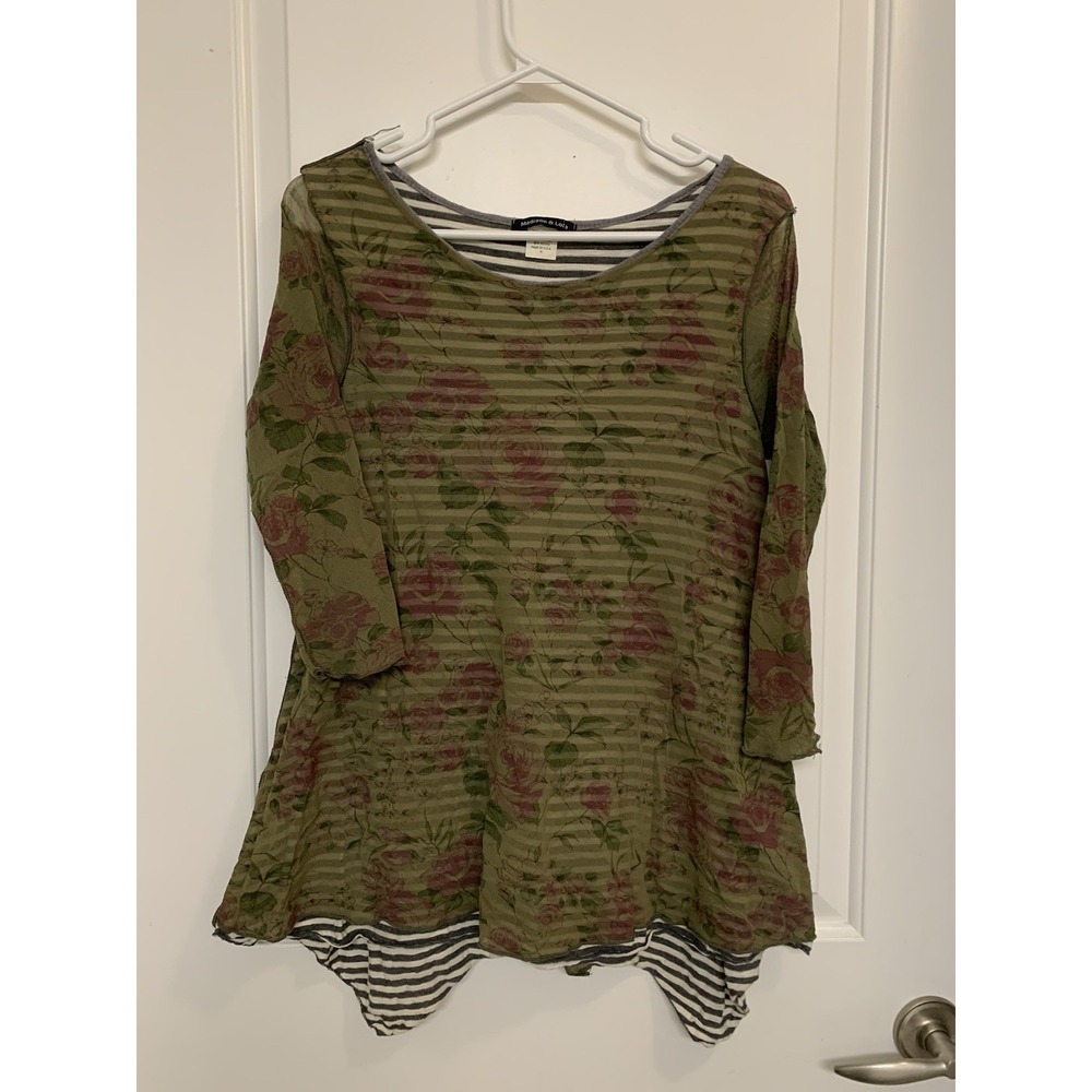 Madison & Lola Mesh Tunic Top Womens Medium Green Floral Striped Whimsigoth Boho